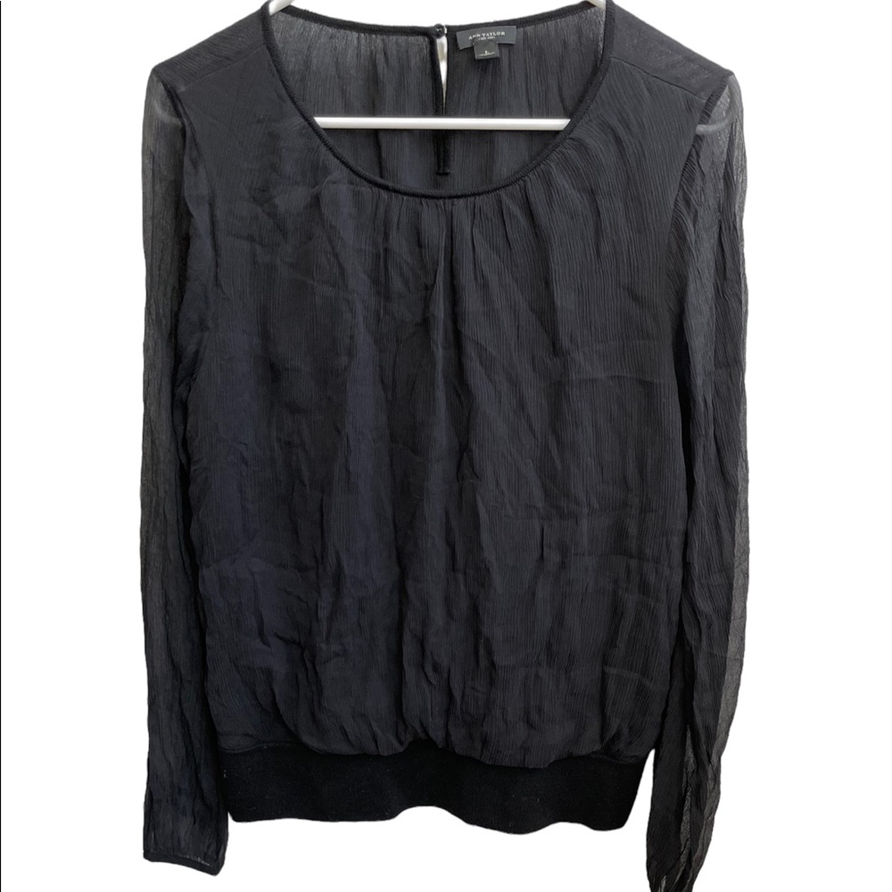 Ann Taylor Black blouse long sleeve merino wool and silk Sz L